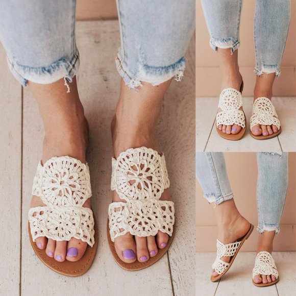 NEW Off White Crochet Lace Raffia Straw Slip On Slides Slippers Sandals Shoes - Picture 12 of 12